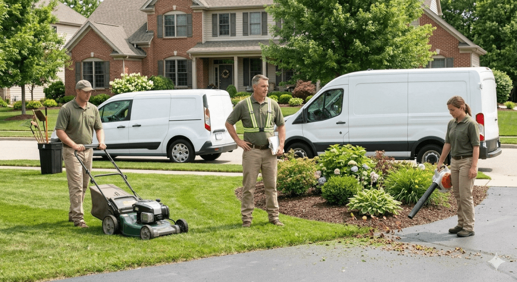 Professional landscaping team maintaining a premium suburban lawn.